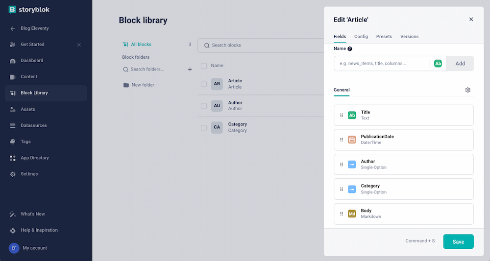 Create new block form. The technical name field is filled with Article. The Content type block option is checked