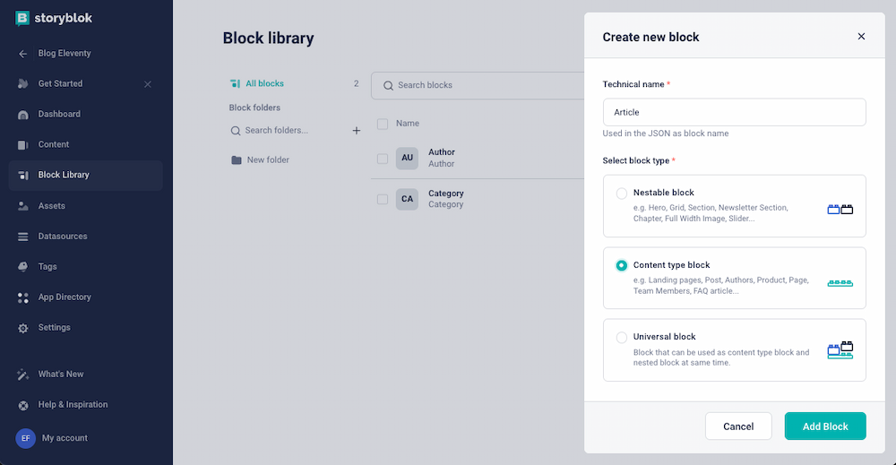 Create new block form. The technical name field is filled with Article. The Content type block option is checked