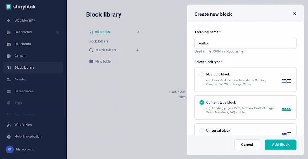 Create new block form. The technical name field is filled with Author. The content type block option is checked