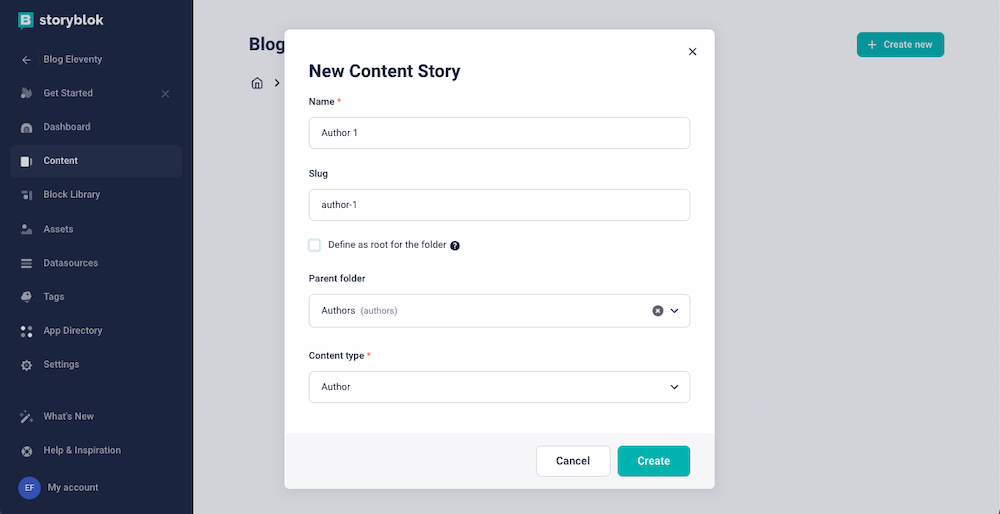 New Content Story form, with the fields Name (Author 1), Slug (author-1), Parent folder (Authors), and Content type (Author)