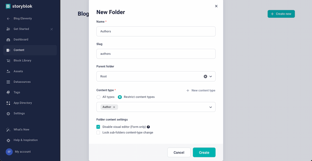 New Folder form, with the fields Name (Authors), Slug (authors), Parent folder (Root), Content type (Restrict to content types - Author) and Folder content settings (disable visual editor option is checked)