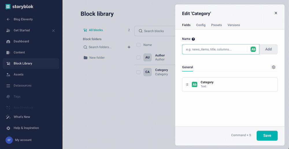 The Category blok only has a field in it, and it is called Category