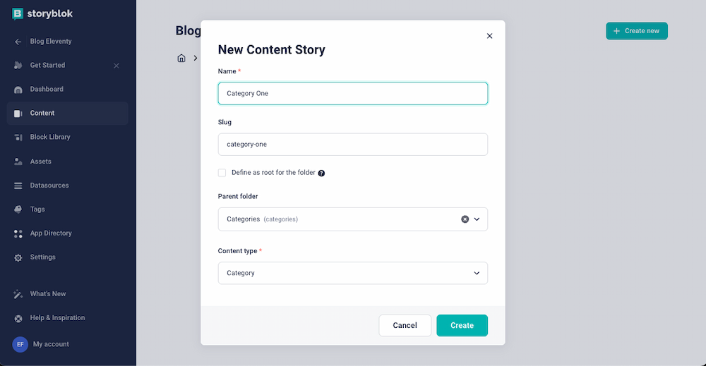 New Content Story form, with the fields Name (Category One), Slug (category-one), Parent folder (Categories) and Content type (Category)