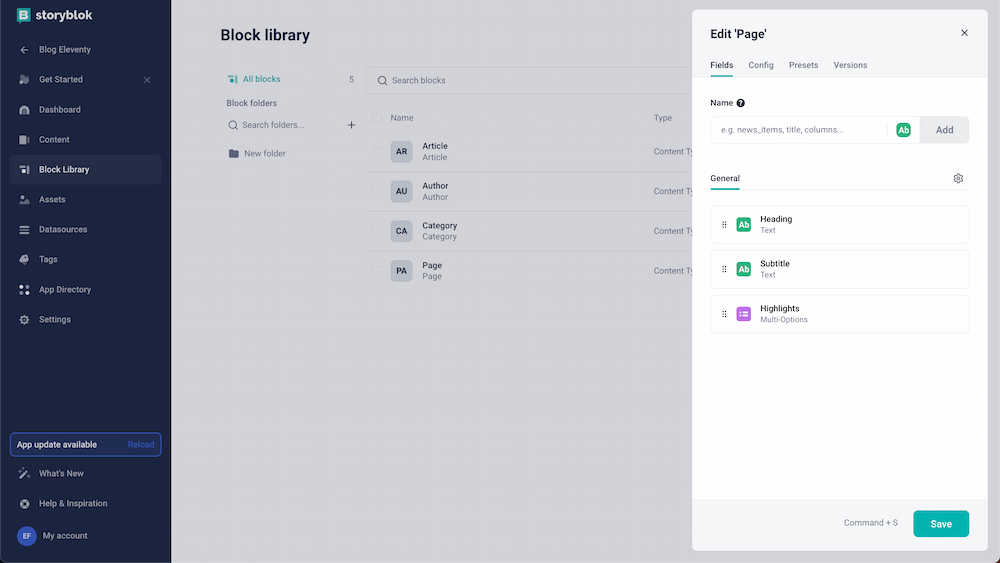 Create new block form. The technical name is set to Page and 'content type block' is the selected block type