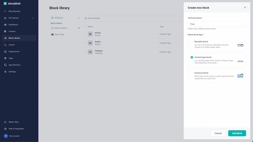 Create new block form. The technical name is set to Page and 'content type block' is the selected block type