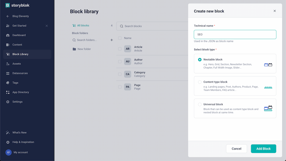 Create new block form. The technical name is set to SEO, and the 'nestable block' is the selected block type.